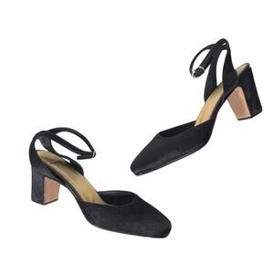 No. 6 Heels Size 9 Ankle Strap Pony Hair Block Heel Slingback Black Gold Buckle